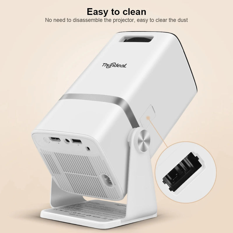 ThundeaL TD80W projector — rear panel showing HDMI, USB and audio ports, removable dust filter for easy cleaning without disassembly