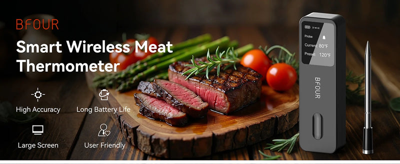 Wireless Bluetooth Meat Thermometer — IP67 Waterproof, LCD Booster, Rechargeable
