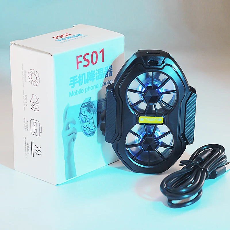 Rechargeable mobile phone cooler FS01 with dual fans and packaging, ideal for gaming and streaming.