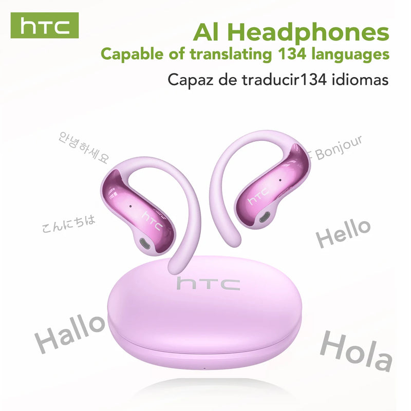 Pink HTC AI Headphones with charging base on a white background