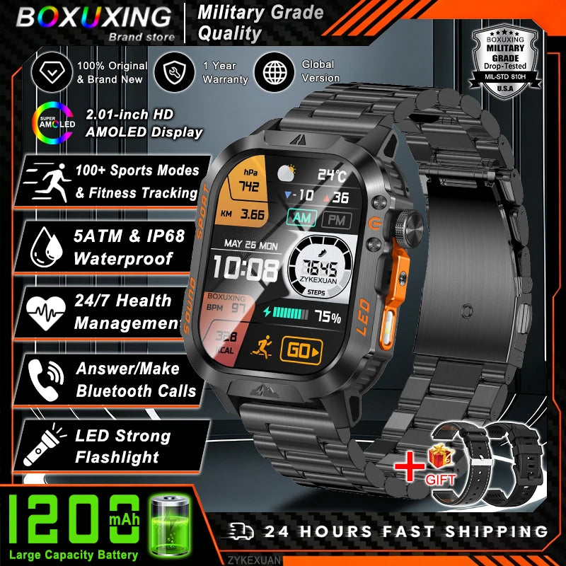 Military Smartwatch 1200mAh – Bluetooth Calls, Heart Rate & 5ATM Waterproof
