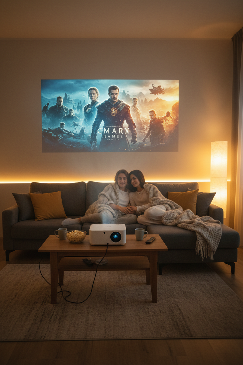 4K smart projector displaying movie on living room wall, cosy home cinema setup, couple on sofa
