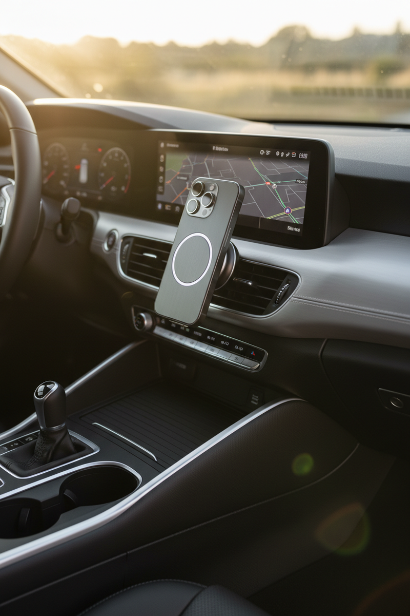 MagSafe car charger magnetically mounted on car air vent with iPhone charging, modern car interior