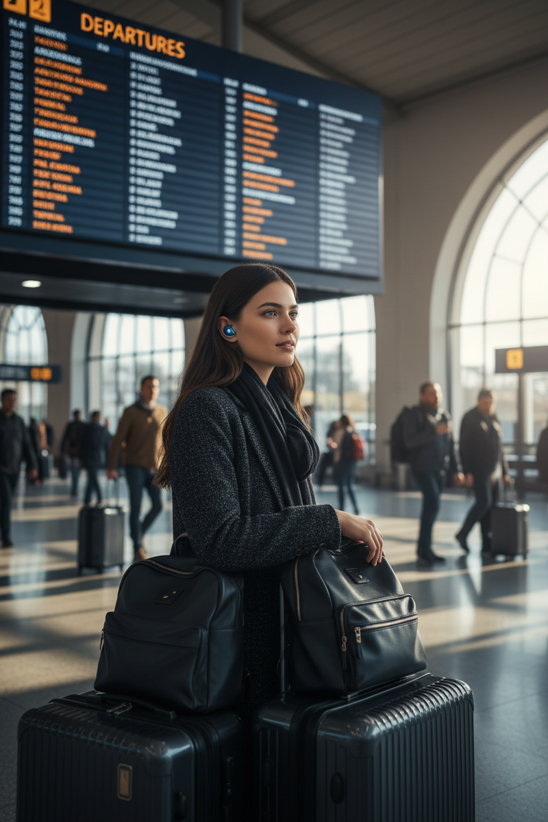 AI translation earbuds worn by traveller at international airport, travel tech lifestyle